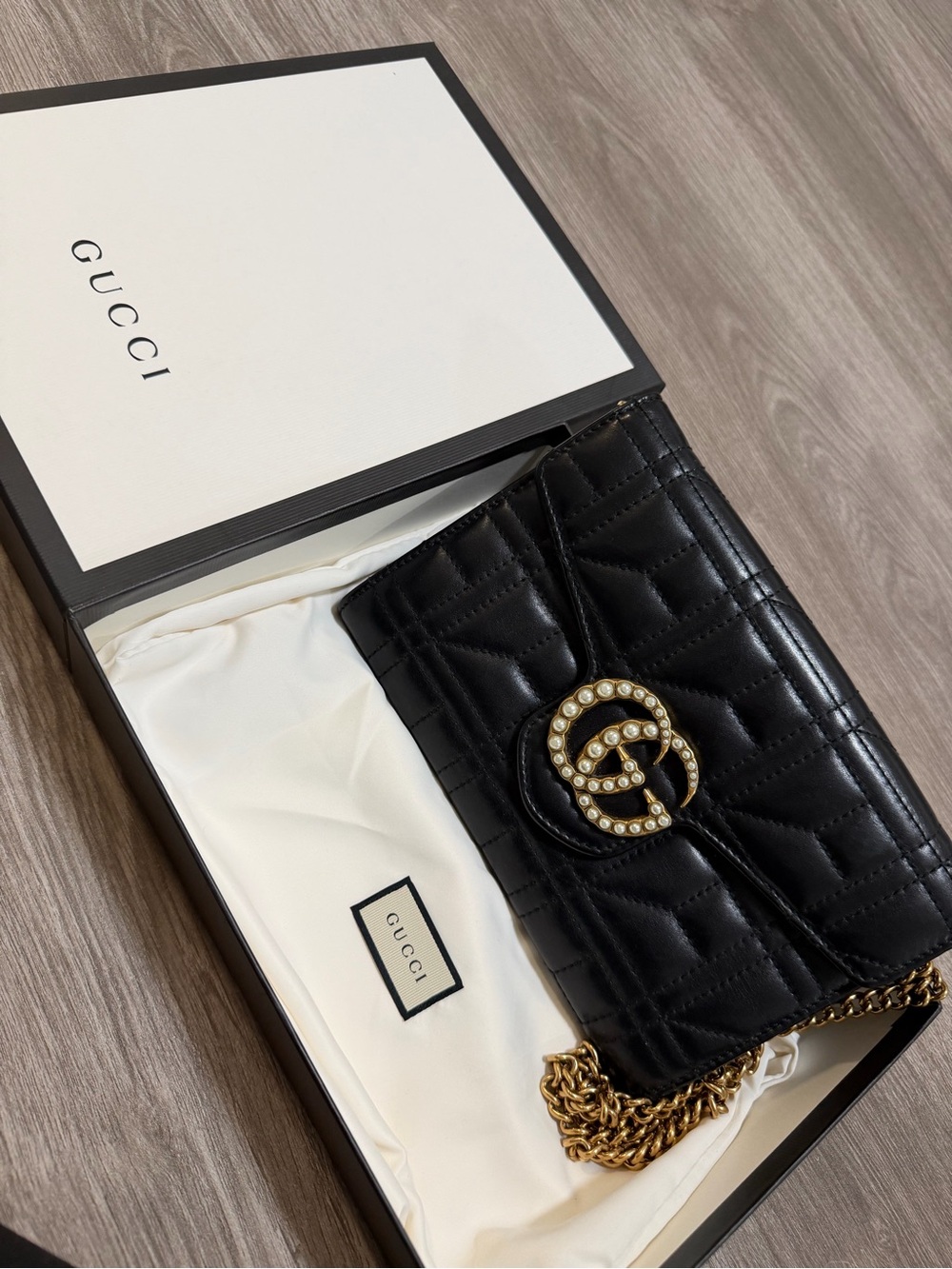 Gucci Black Quilted Leather Crossbody with Pearl-Embellished GG